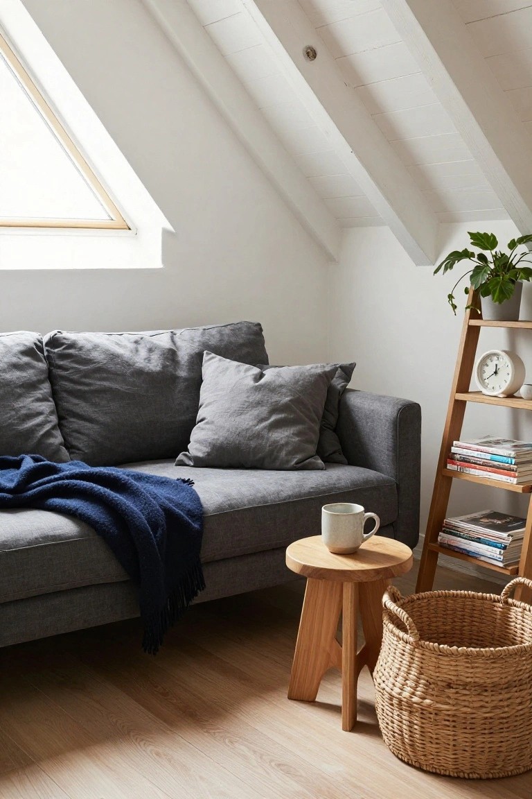 Cozy gray sofa with blue throw, wooden stool, and basket in bright attic room.