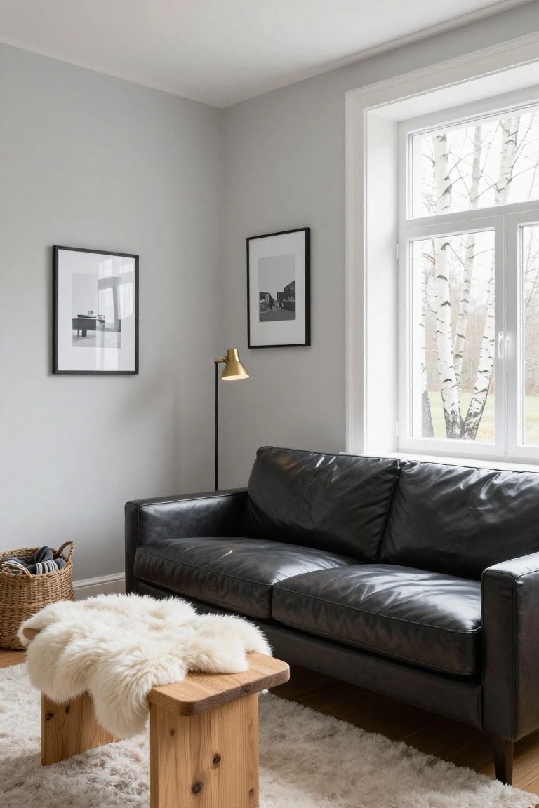 Black leather sofa in a light gray corner room with framed photos on walls, gold floor lamp, wicker basket, wooden stool draped with white sheepskin on a white shag rug, and window showing birch trees outside.