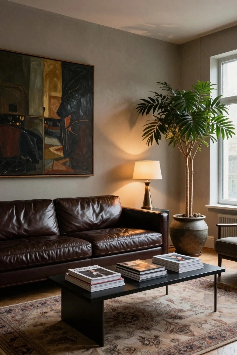 Living room corner with dark brown leather sofa, black metal coffee table holding stacked magazines and books, tall potted palm plant in terracotta pot, brass lamp on side table, abstract painting on greige wall, and Oriental rug on wood floor.