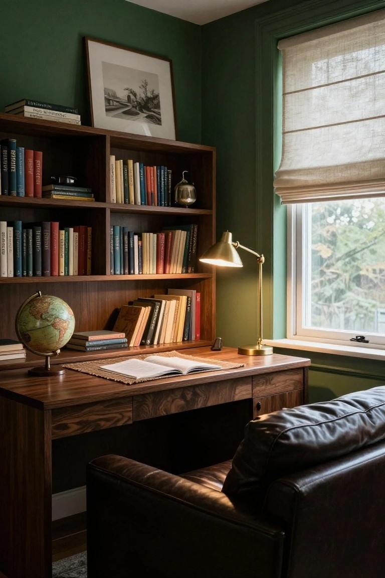 Green-walled study with wooden bookshelves filled with books, a walnut desk holding an open book and globe, brass desk lamp, and dark leather armchair nearby.