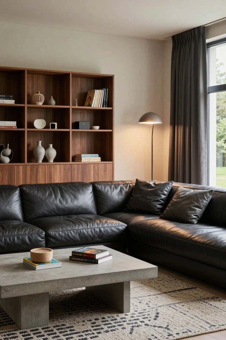 Black leather L-shaped sectional sofa in front of tall walnut wood shelving unit with books, ceramics, and plants, concrete coffee table with books and basket, floor lamp, patterned rug, and large window with dark drapes in modern living room.