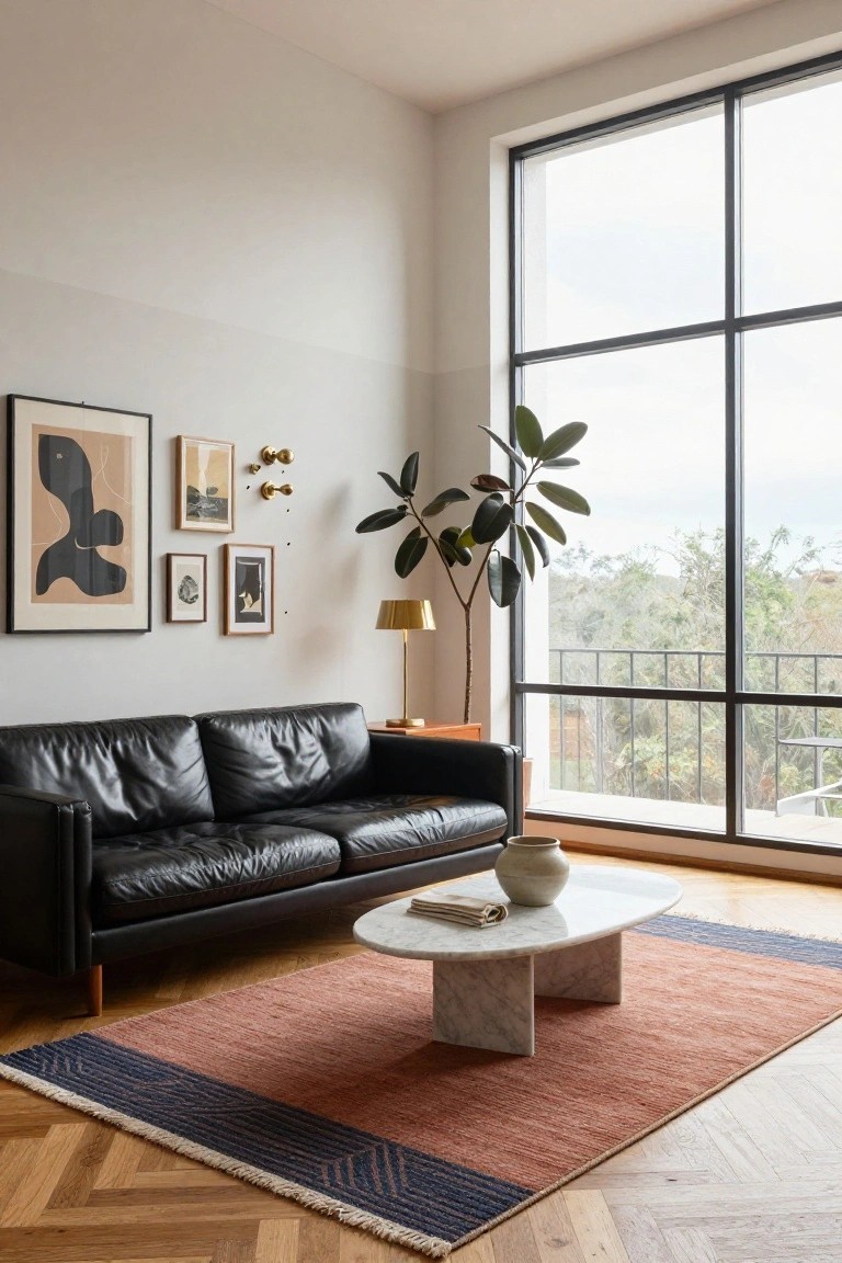 Modern living room with black leather sofa positioned in front of large floor-to-ceiling windows overlooking trees and greenery, abstract artworks on white walls, ficus plant, gold lamp, marble coffee table, terracotta vase, and striped rug on herringbone wood floors.
