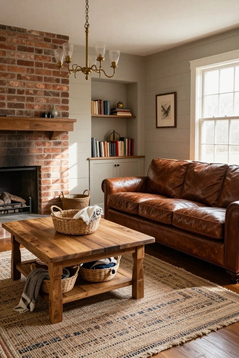 Living room with brown leather sofa facing brick fireplace, wooden coffee table holding wicker baskets with blankets and towels, shiplap walls, built-in bookshelves, and jute rug on hardwood floor.