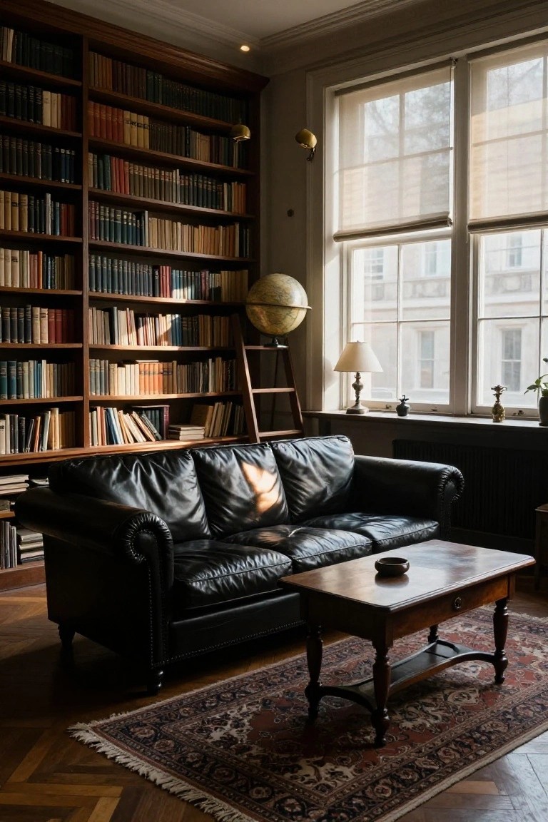 Wood-paneled library room with floor-to-ceiling bookshelves filled with books, black leather sofa on a patterned rug, wooden coffee table with ashtray, brass globe, library ladder, table lamps, and large windows with sheer shades letting in sunlight.
