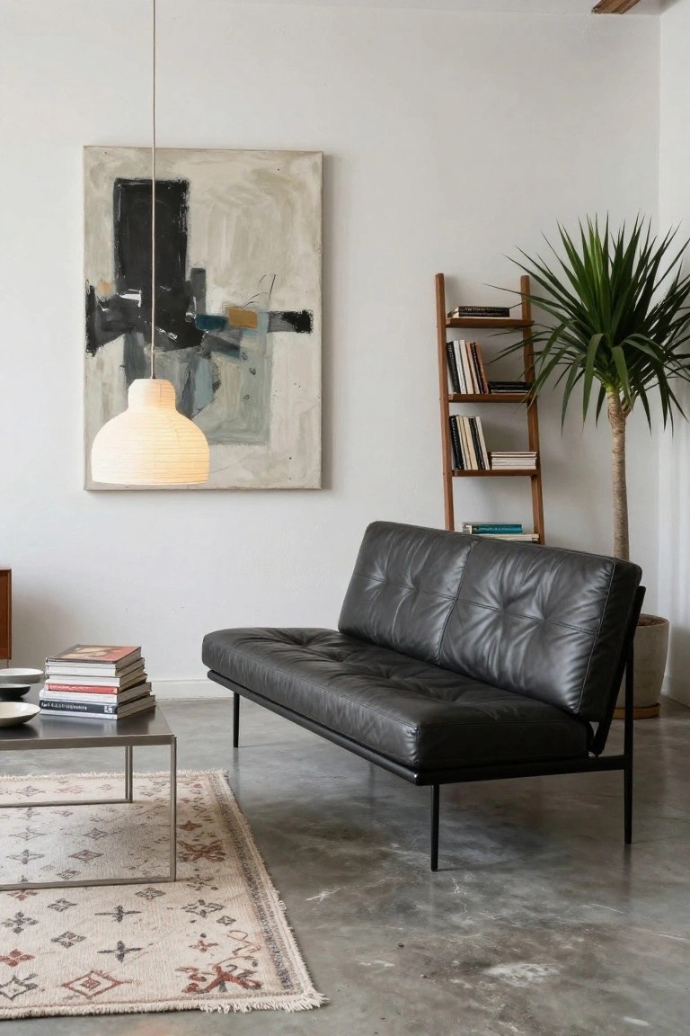 Black tufted leather daybed sofa with metal frame on polished concrete floor in minimalist living room, next to glass coffee table with books, light patterned rug, ladder bookshelf with plant, abstract wall painting, and paper lantern pendant light.