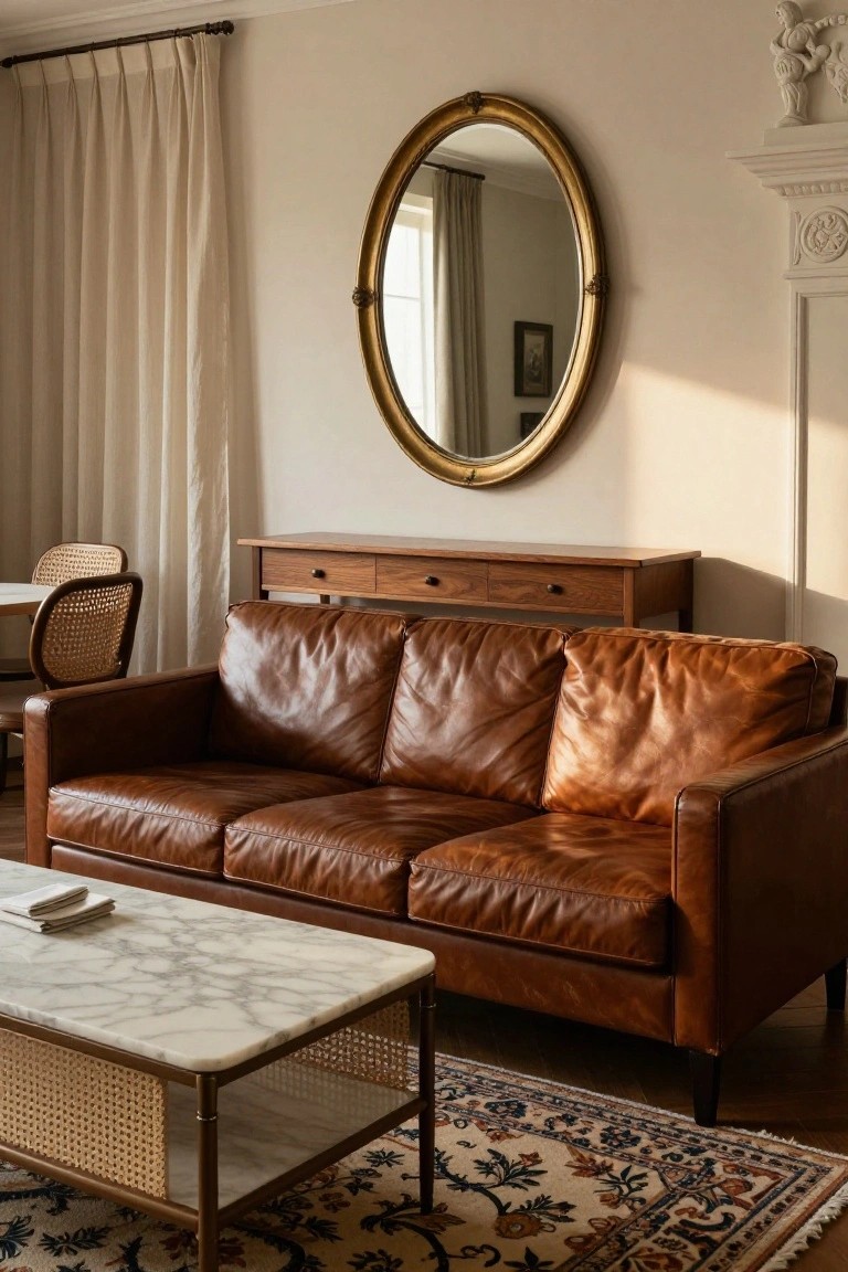 A living room with a dark brown leather sofa, white marble coffee table with cane shelf, wooden sideboard with drawers, large gold oval mirror on beige wall, rattan dining chair, and blue patterned rug on wood floor.