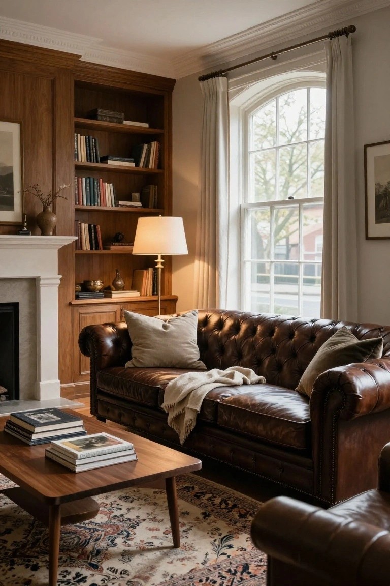 A tufted dark brown leather sofa in a living room with wood-paneled walls and built-in bookshelves beside a white marble fireplace, cream and green pillows on the sofa, wooden coffee table with stacked books, and a patterned rug on the floor.