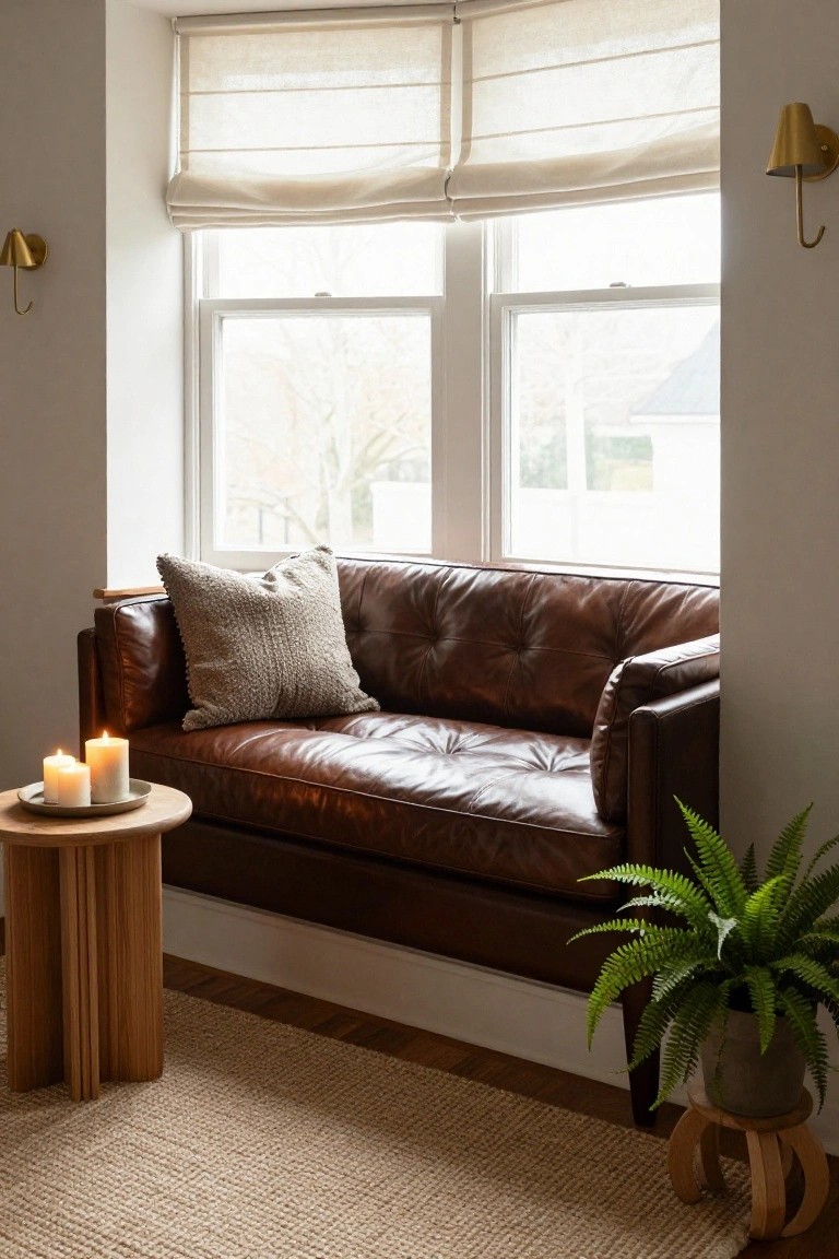 Corner view of a tufted dark brown leather sofa next to a double window with white linen roman shades pulled halfway up, gold wall sconces, a wooden tripod side table holding white candles on a plate, a potted green fern on a wooden stool, and a beige seagrass rug on light wood floors.