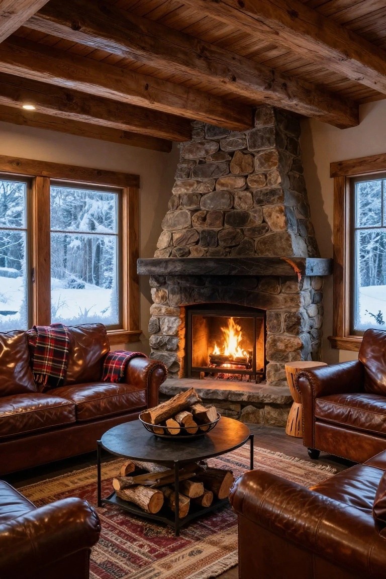 Cozy living room with stone fireplace, leather sofas, and snowy forest windows.