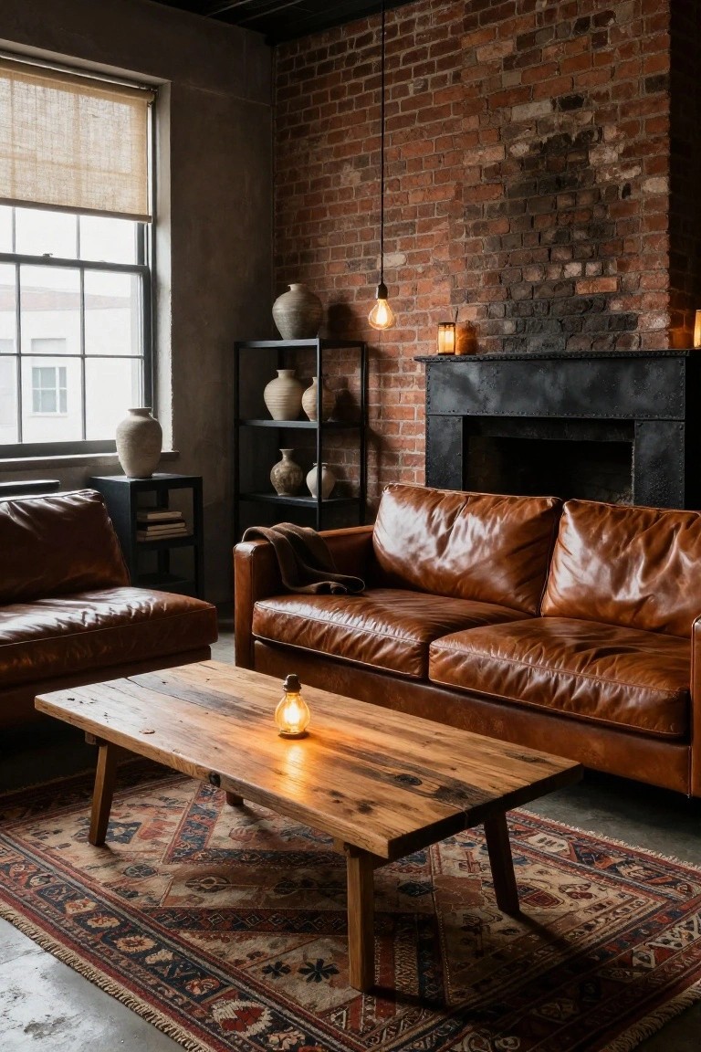 Living room interior with two tan leather sofas flanking a low rustic wooden coffee table on a patterned rug, exposed brick walls, black metal fireplace, metal shelves holding terracotta pots, and warm lighting from pendant bulbs and candles.