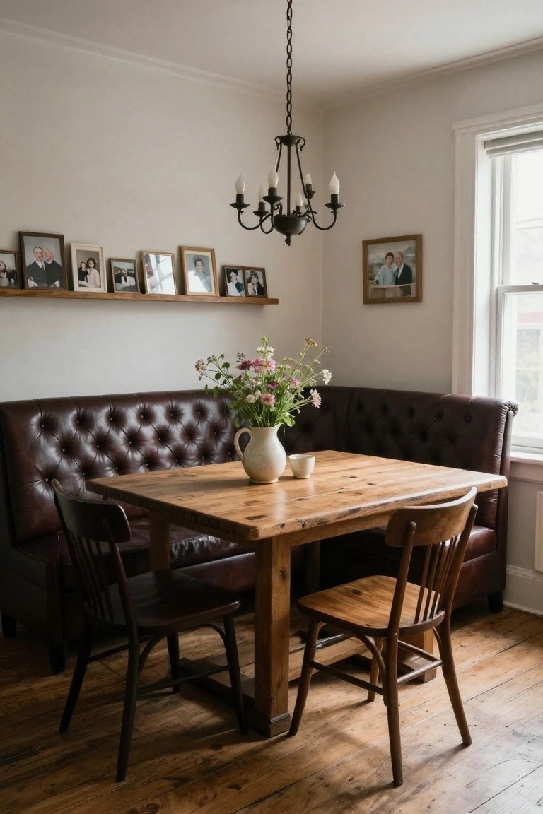 Corner dining nook with dark brown tufted leather banquette, square rustic wooden table, two wooden chairs, white vase of mixed flowers, photo frames on wooden shelf, black chandelier, and window in white-walled room with hardwood floors.