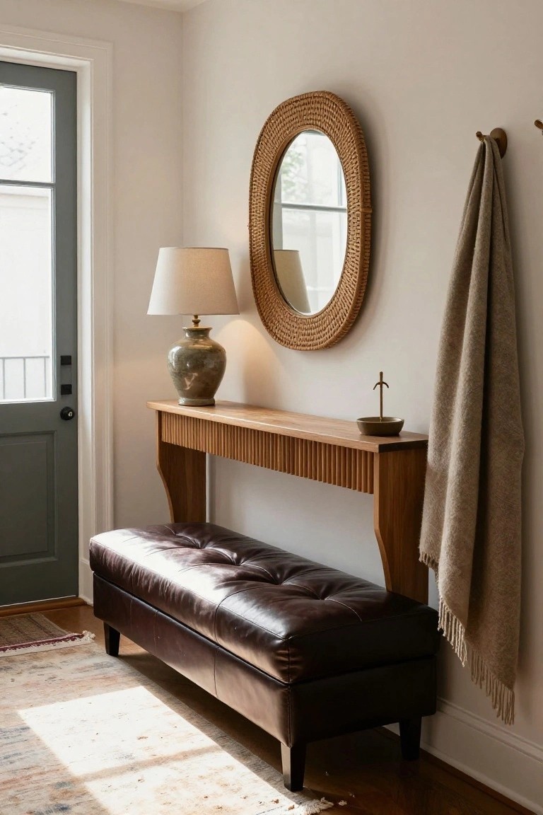 Entryway corner with slim wooden console table, dark leather bench underneath, ceramic lamp on the table, rattan mirror on wall, small cross and dish on table, draped wool towel on hook, next to green front door on white walls and wood floor.