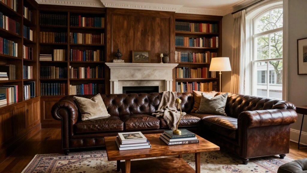A tufted dark brown leather sofa in a living room with wood-paneled walls and built-in bookshelves beside a white marble fireplace, cream and green pillows on the sofa, wooden coffee table with stacked books, and a patterned rug on the floor.