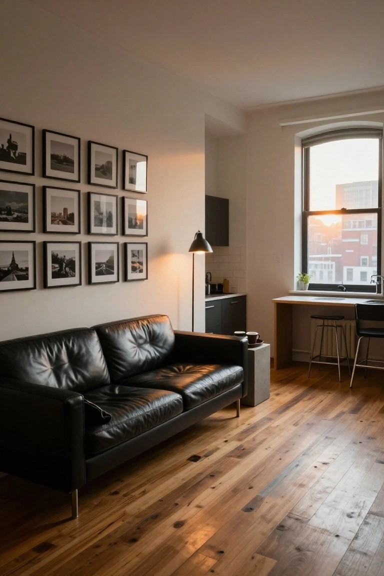 Modern apartment living room with black leather sofa on wooden floors, grid of black-framed black-and-white photos on white wall, floor lamp, compact kitchenette, desk with stools, and large arched window showing sunset over brick buildings.