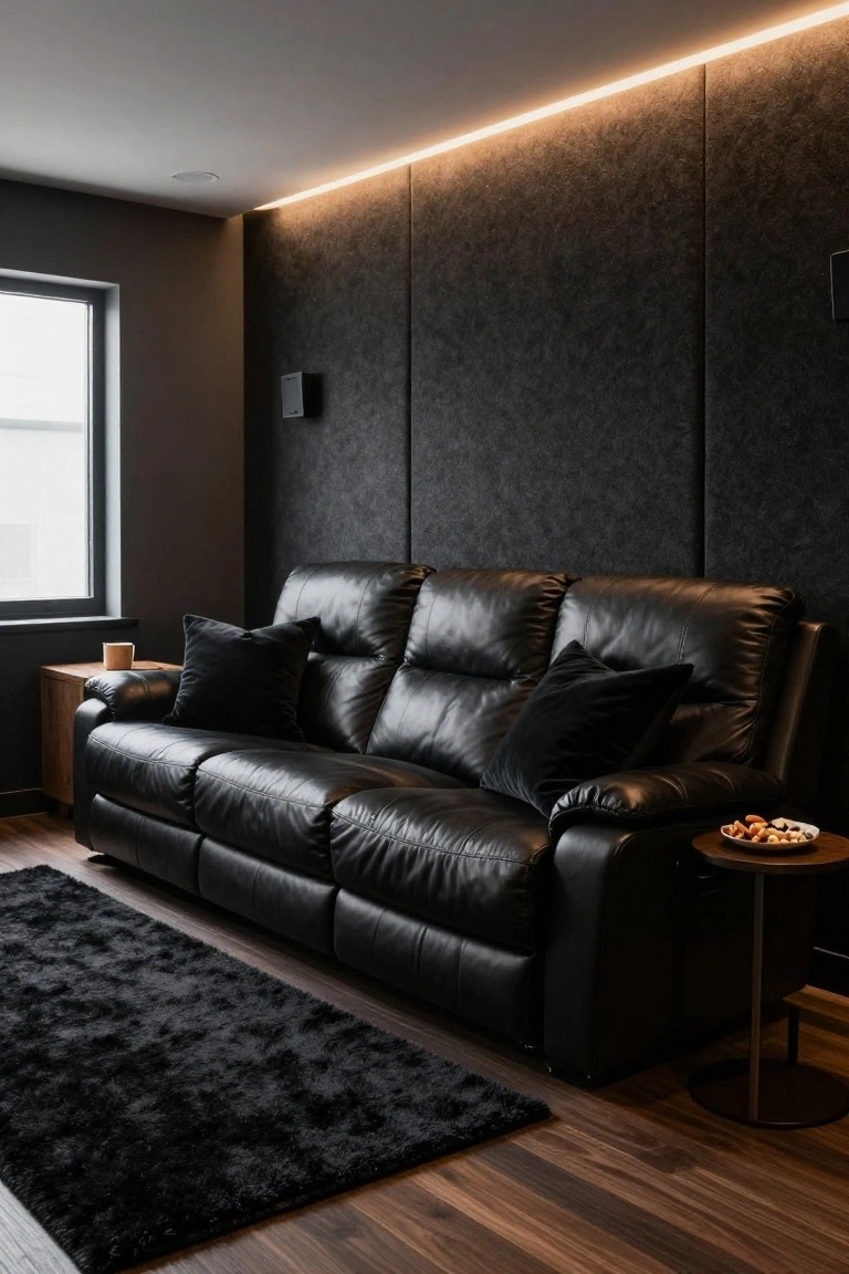 Black leather sectional sofa in a dark-walled media room with acoustic panels, ceiling speakers, LED strip lighting, black pillows, side table with cup and snacks, black shag rug, and a window.
