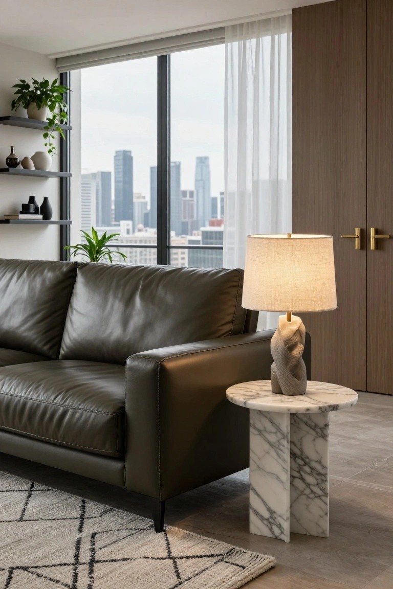 Modern living room interior with dark brown leather L-shaped sofa next to round white marble side table topped by twisted gray stone lamp, large windows showing city skyline, floating shelves with plants and vases, neutral patterned rug on light floor.
