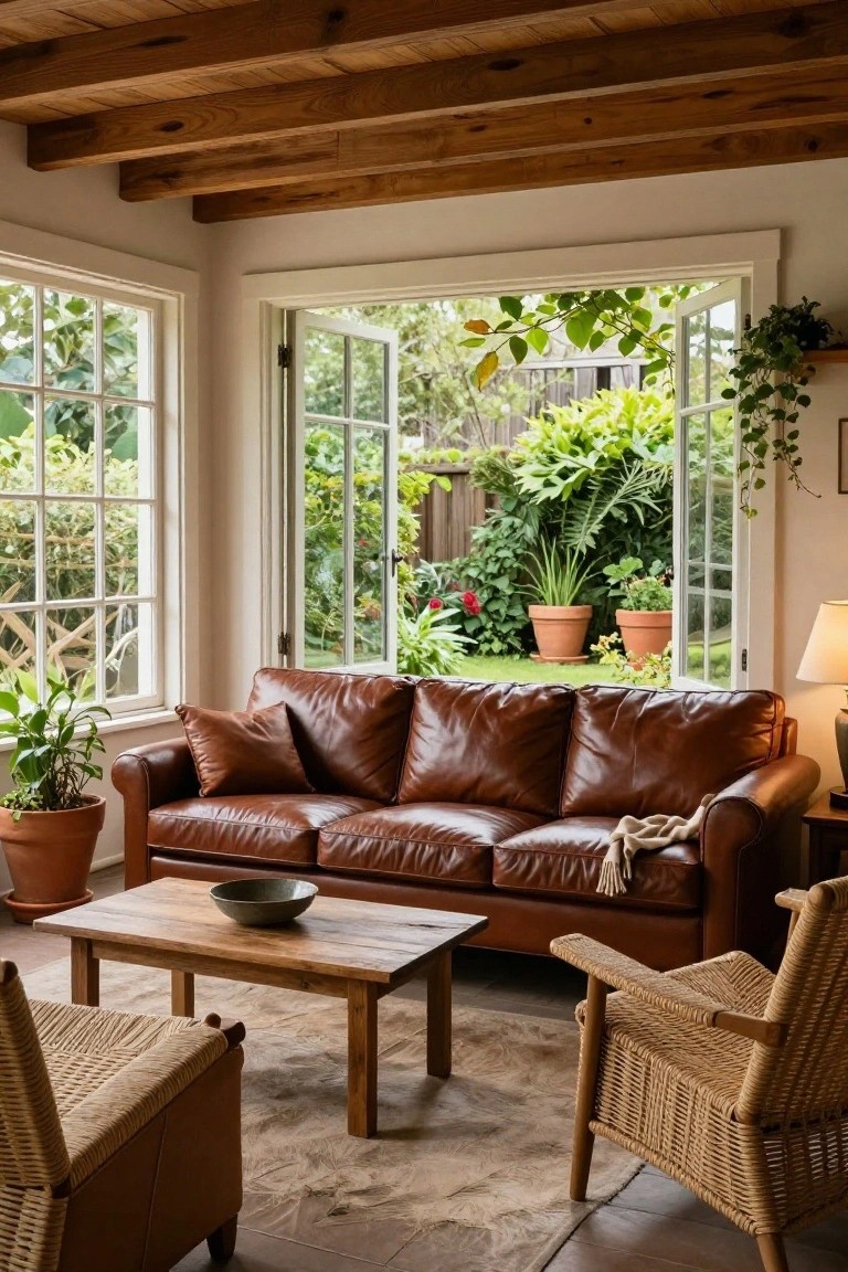 Light living room with brown leather sofa, wooden coffee table holding a bowl, two rattan armchairs, potted plants, wooden ceiling beams, and open French doors to a green garden.