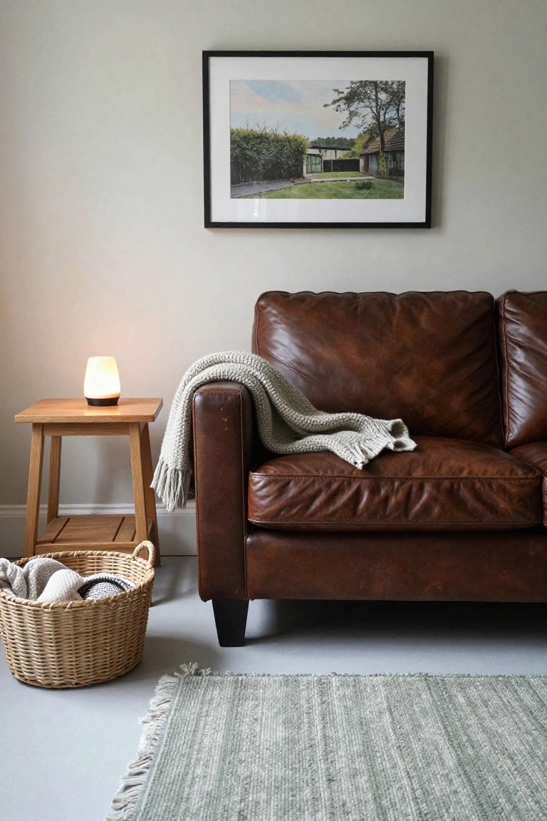 Brown leather sofa with a light gray knit throw draped over the arm, beside a wooden side table with a glowing lamp, wicker basket with laundry on the floor, and seagrass rug in a pale gray room.