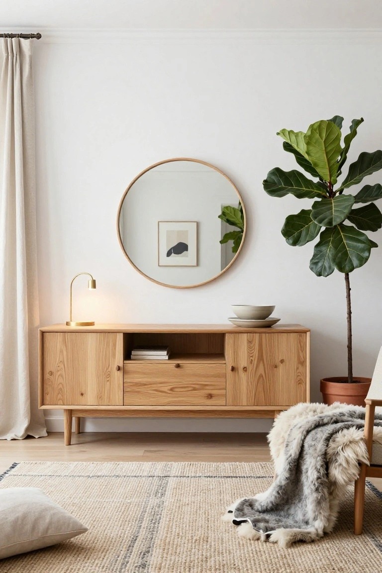 Modern wooden console with round mirror, lamp, and potted plant.