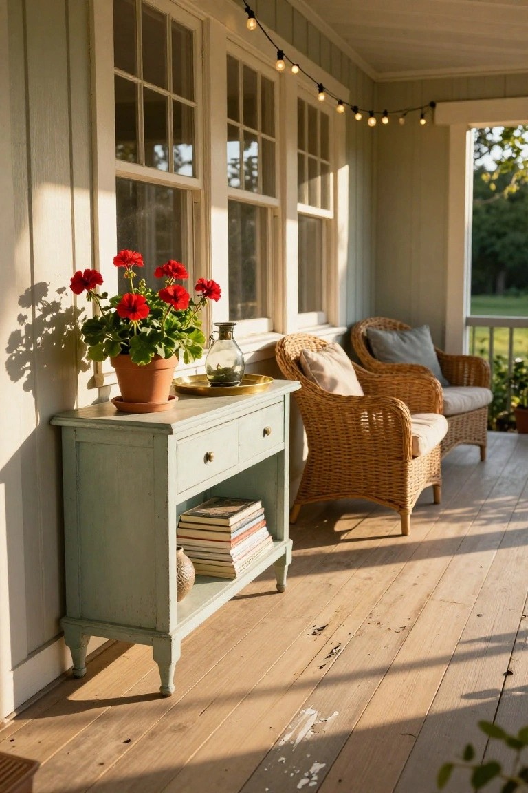 A light green sideboard with a potted red flower and stacked books stands on a wooden porch next to two wicker chairs under string lights.