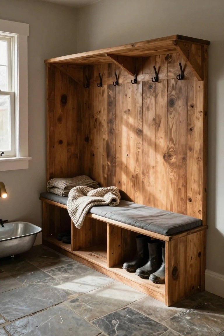 Rustic wooden mudroom bench with gray cushions, hooks, and boot storage.