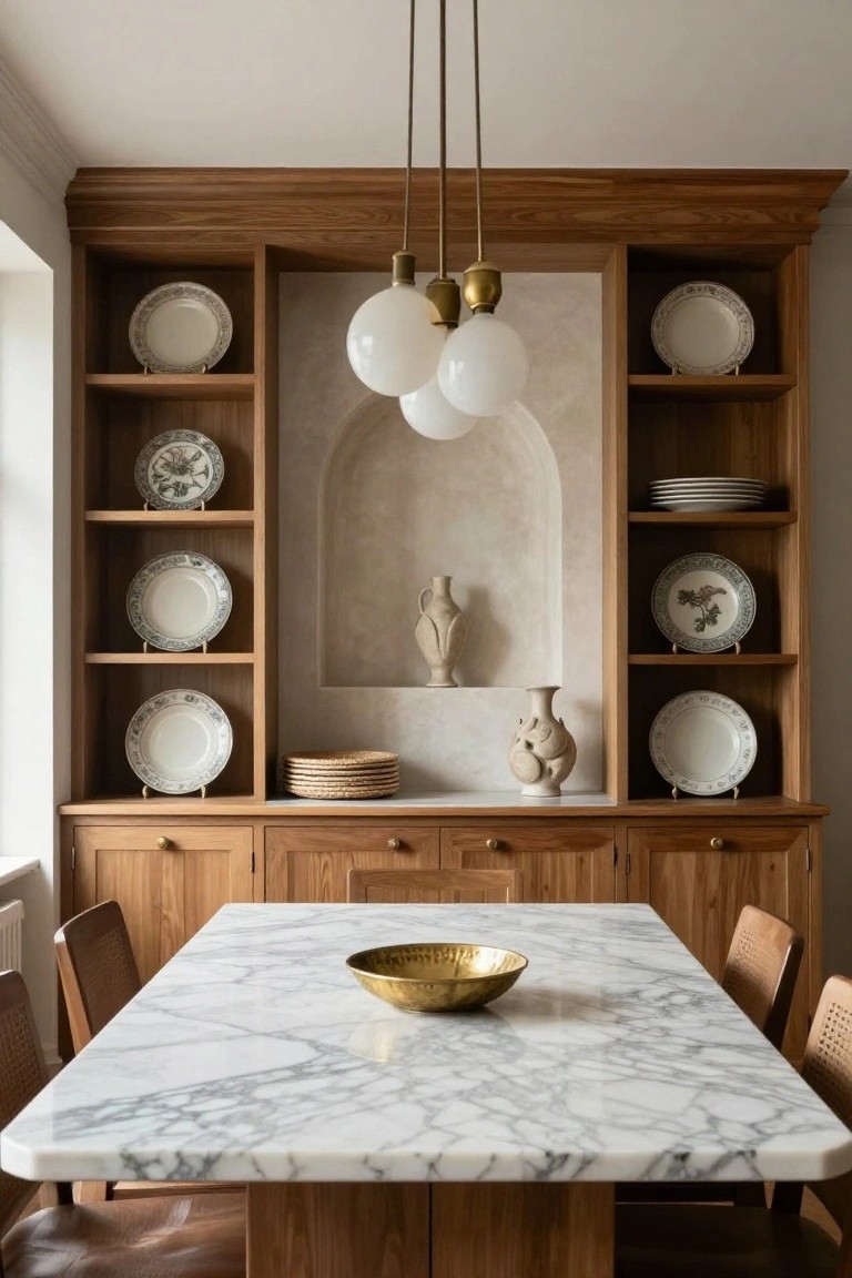 A wooden built-in cabinet with open shelves holding decorative plates and ceramics above lower drawers and doors, set behind a marble dining table.