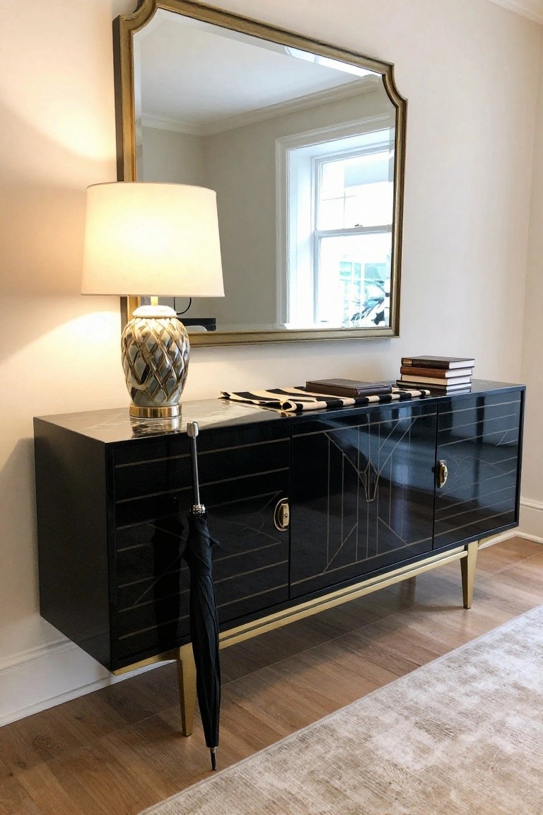 A black sideboard with gold trim and legs holds a patterned lamp, books, and a folded umbrella, with a large gold-framed mirror mounted above it on a light wall.