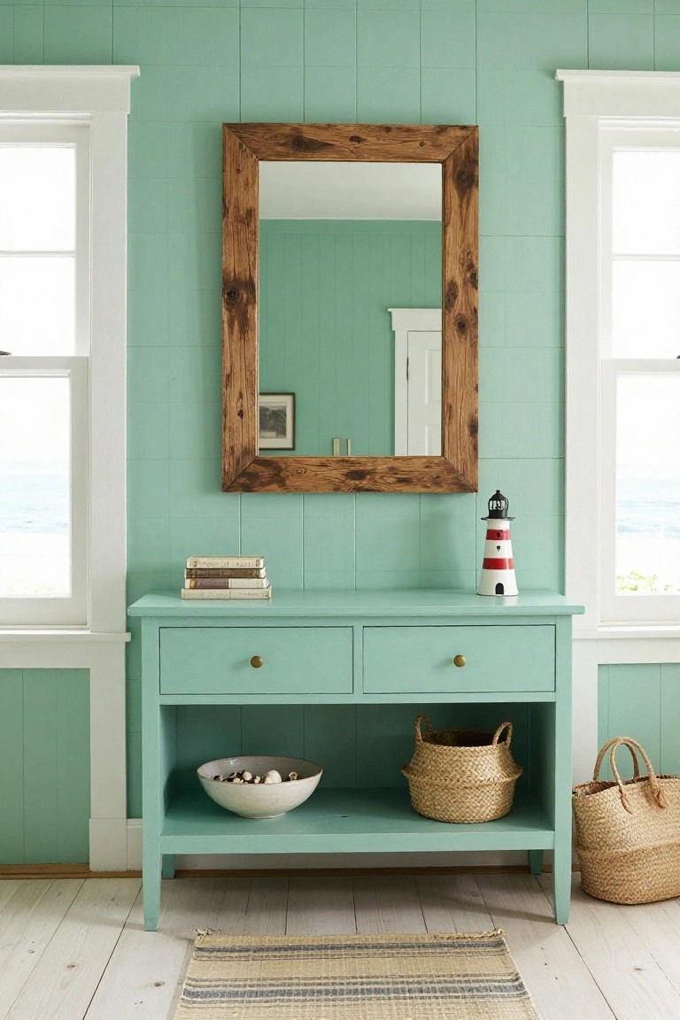 Mint green entryway console with wooden mirror, lighthouse, and woven baskets.