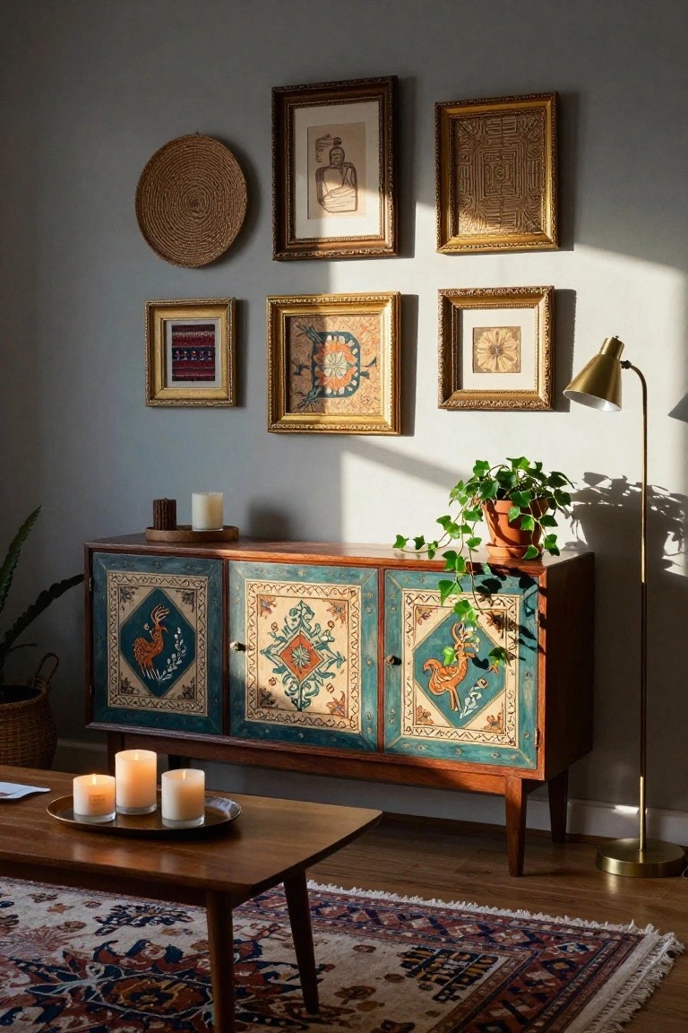 A wooden sideboard with painted panels sits below a collection of framed art pieces and a round woven basket on a light gray wall.