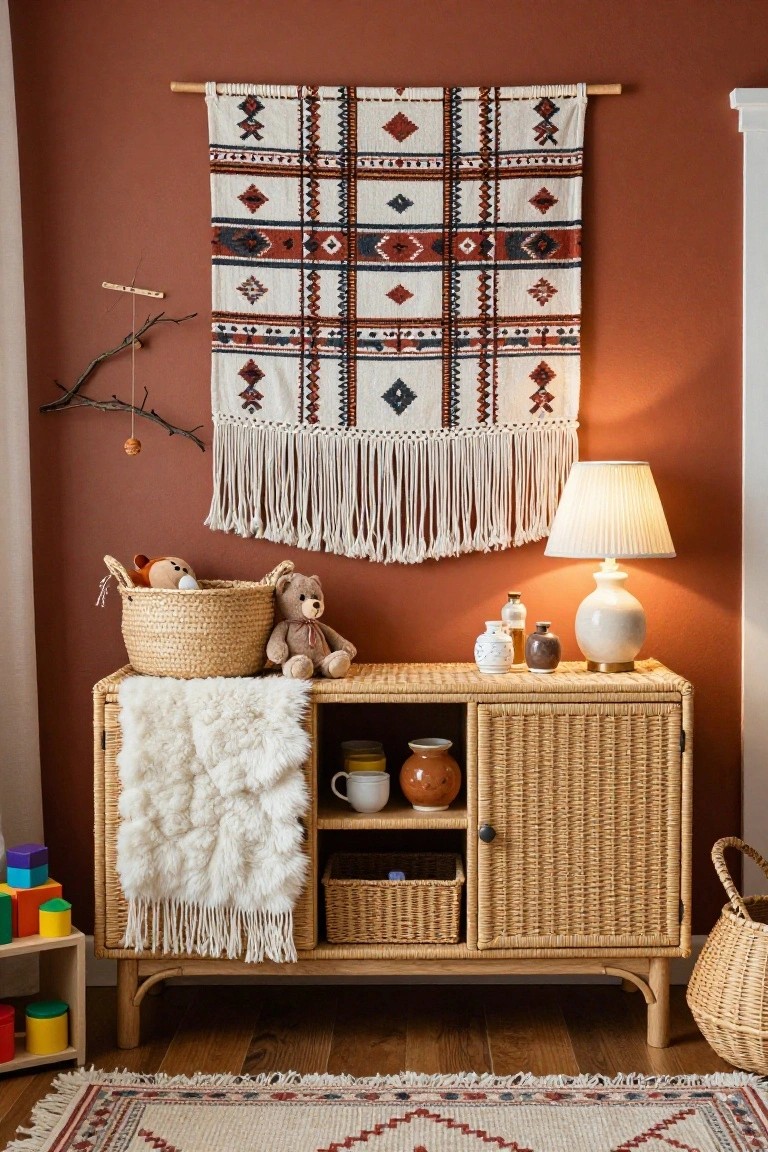 A woven wall hanging with geometric patterns and fringe hangs above a rattan sideboard holding a teddy bear, baskets, and a lamp in a room with terracotta walls.