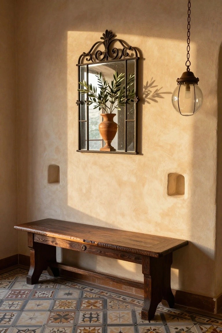 A rustic wooden bench sits against a textured beige wall beneath an ornate metal-framed mirror holding a terracotta vase with greenery, next to a hanging glass lantern on a patterned tile floor.