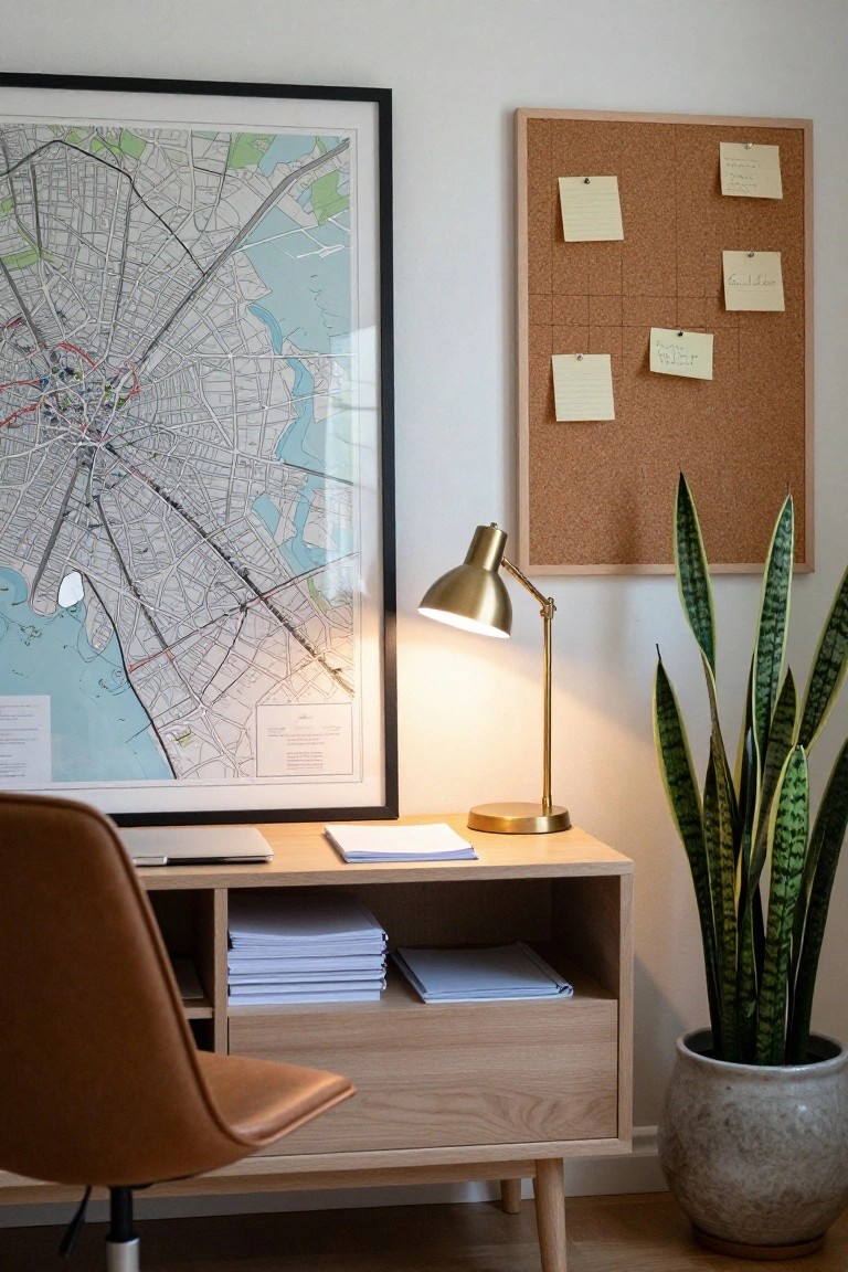 A light wood sideboard sits beneath a large framed city map in a home office, with a brown chair, desk lamp, papers, a corkboard on the side wall, and a potted snake plant nearby.