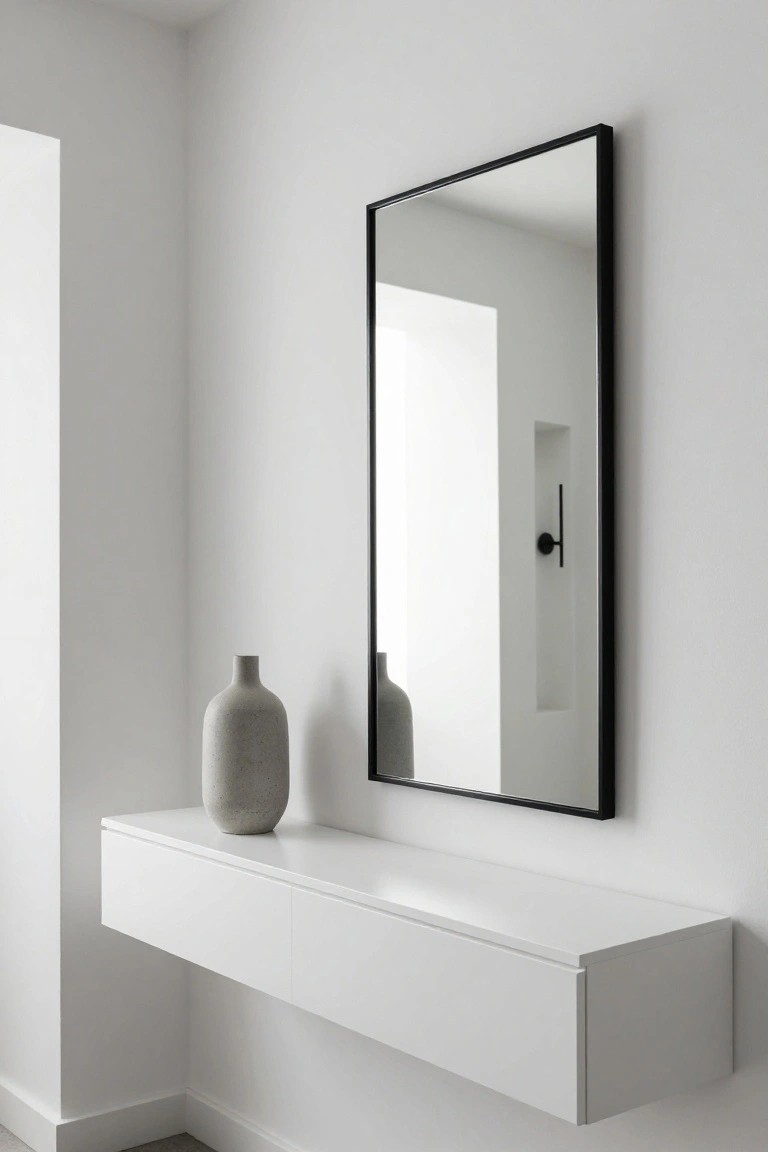 Minimalist white floating console with speckled vase and black-framed mirror.