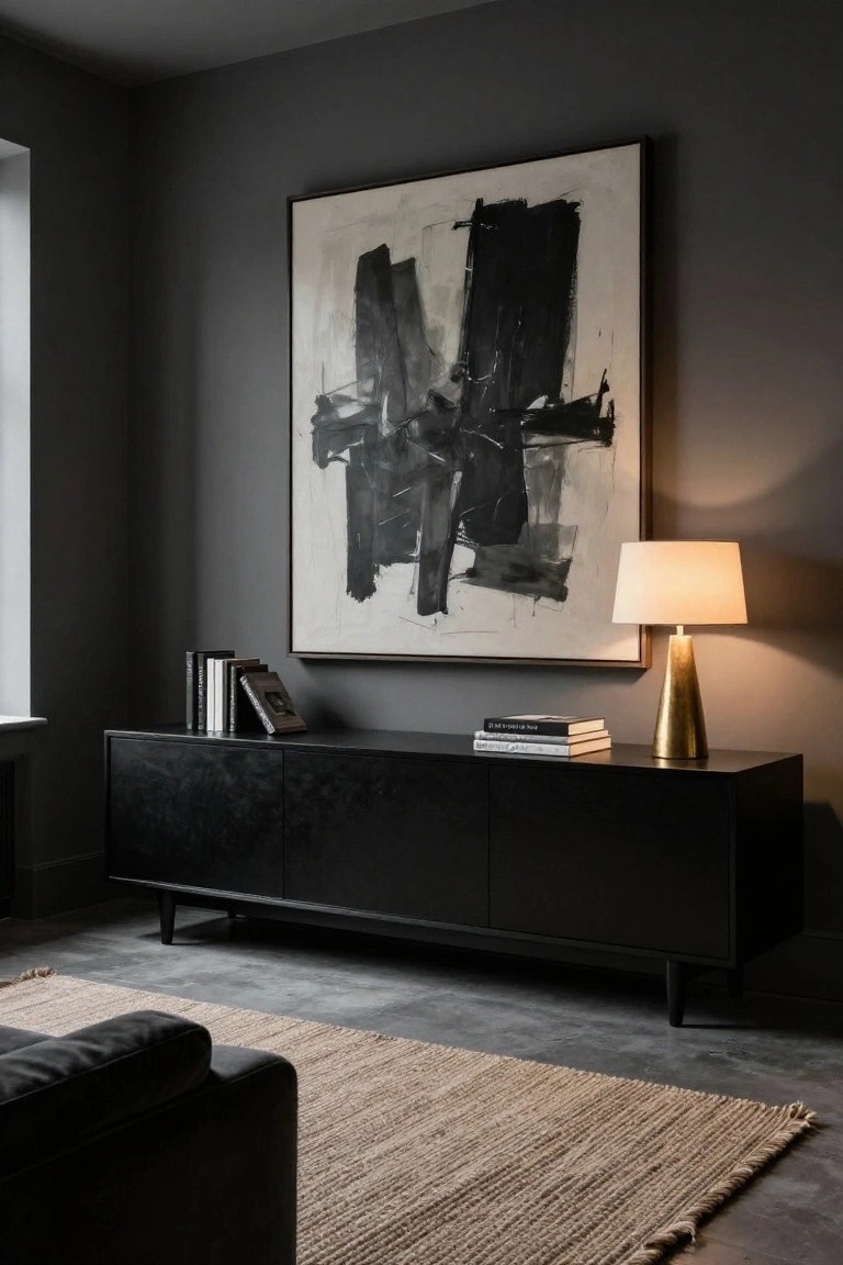 A long dark sideboard sits against a gray wall beneath a large abstract black and white painting, with a brass lamp and a few books on top.