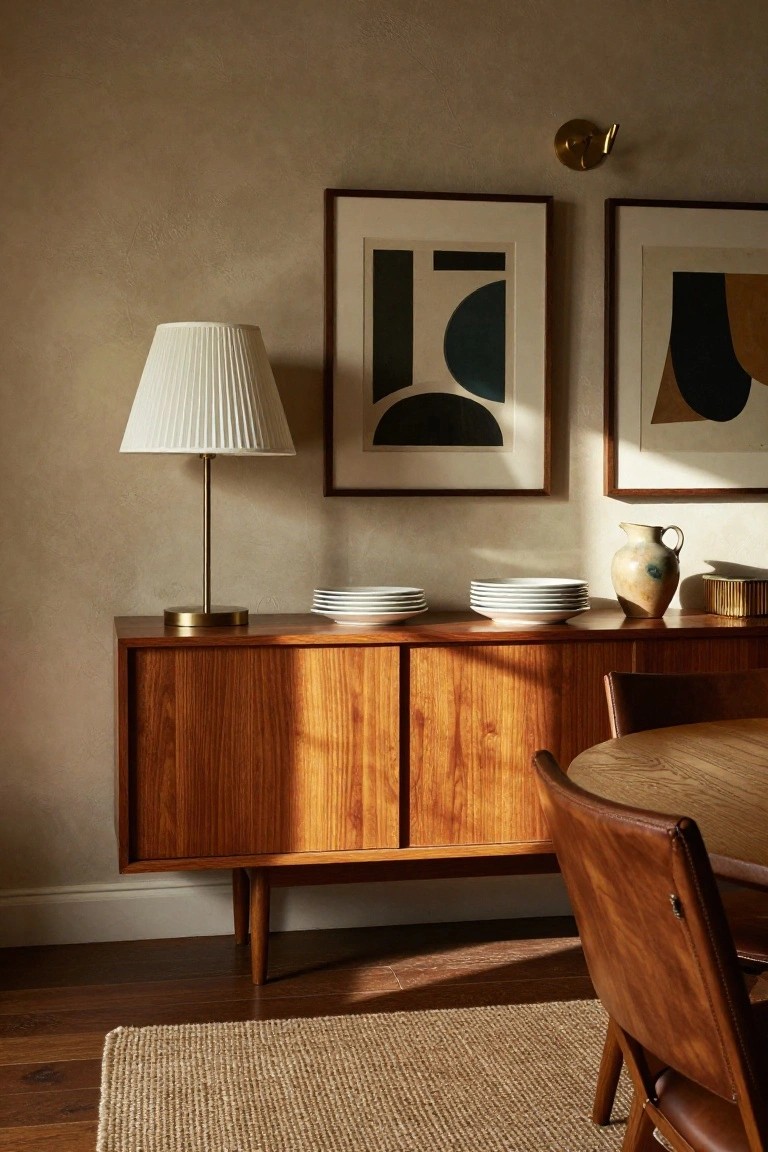 A wooden sideboard with two framed abstract prints above it, a table lamp, stacked plates, and a ceramic vase on top in a dining room.