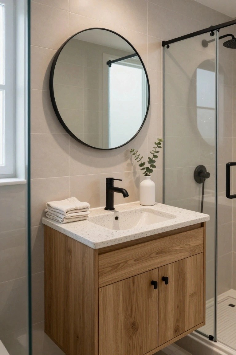 Modern bathroom with wooden vanity, round black mirror, and terrazzo sink.