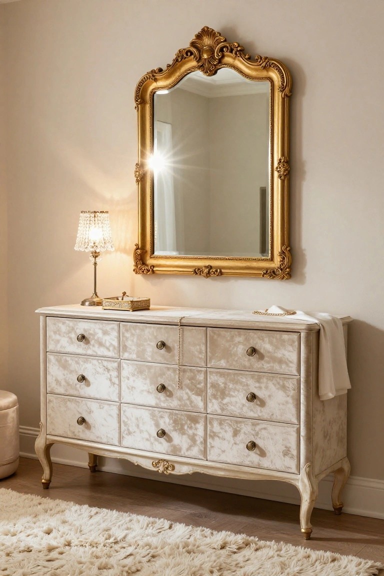 A white distressed wood dresser with nine drawers stands against a plain wall beneath a large ornate gold mirror, with a crystal lamp and jewelry placed on top and a fluffy rug visible in the foreground.