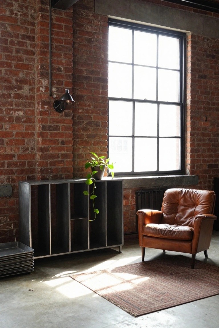 A dark metal sideboard stands against a red brick wall with a potted plant on top, a brown leather chair nearby, and a large multi-paned window above.