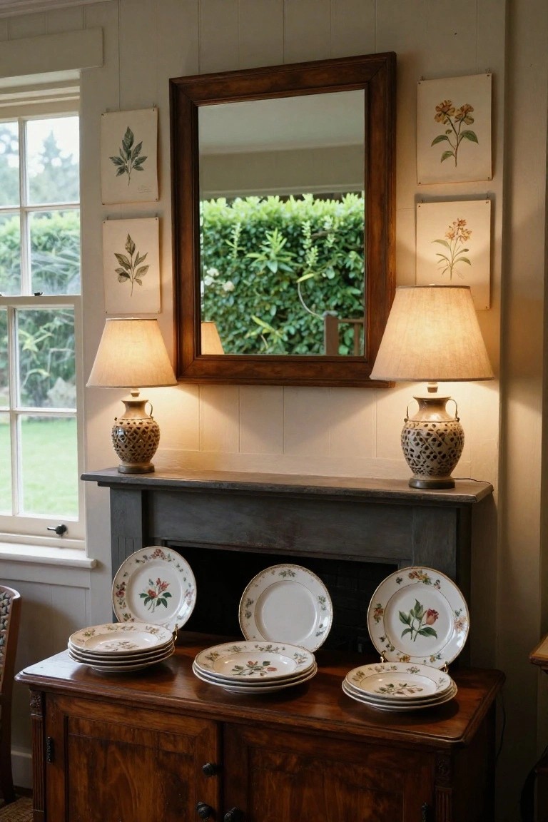 Wooden cabinet with floral plates, lamps, and mirror above mantel.