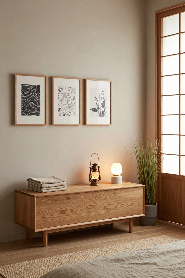 Minimalist wooden console with framed art, lantern, and lamp.