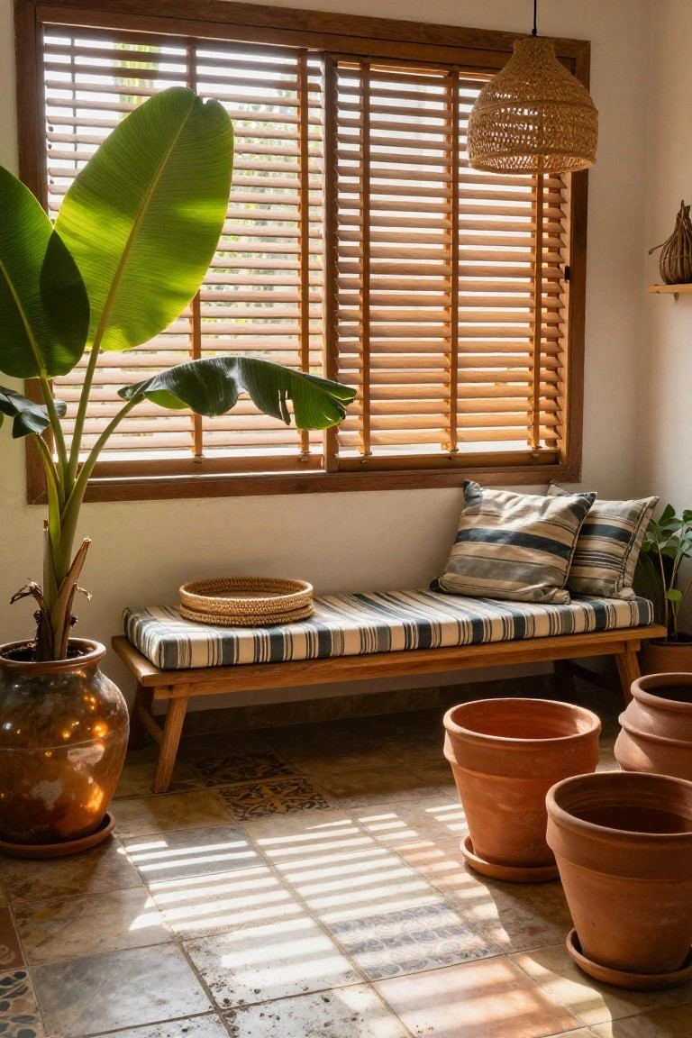 Sunlit wooden bench with striped cushions beneath bamboo blinds, surrounded by terracotta pots.