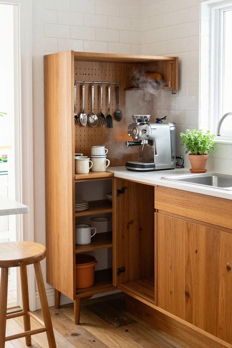 Wooden kitchen cabinet with espresso machine, hanging utensils, and open shelves.