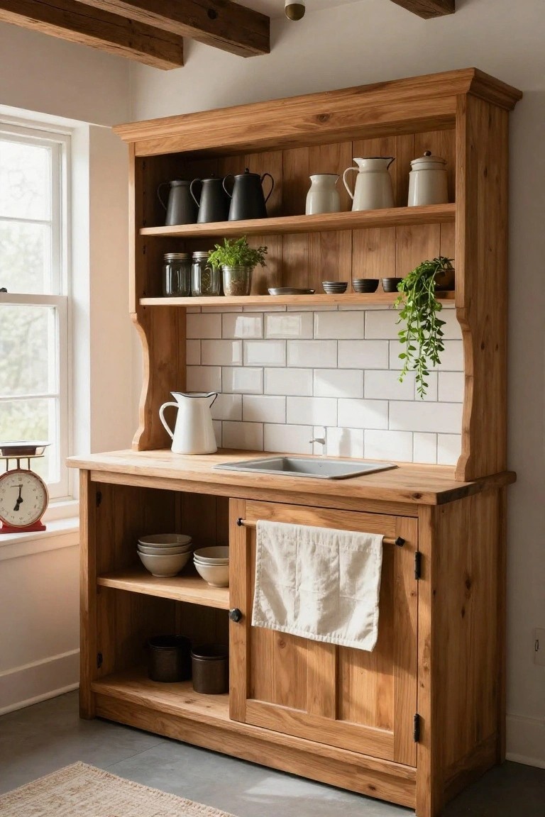A rustic wooden hutch featuring a built-in sink, open upper shelves with ceramic pitchers and glass jars, and a white subway tile backsplash.