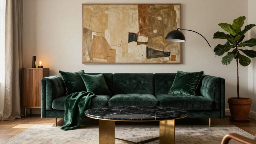 Living room with emerald green velvet sofa, round black marble coffee table on brass pedestal base, slatted walnut sideboard holding books and vase, black floor lamp, large abstract tan and black painting, fiddle leaf fig plant, and beige curtains.