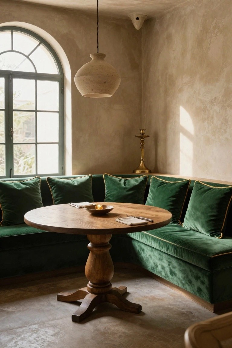 Corner banquette seating upholstered in green velvet cushions around a round wooden pedestal table in a room with beige textured walls, an arched green-framed window, and a brass candlestick.