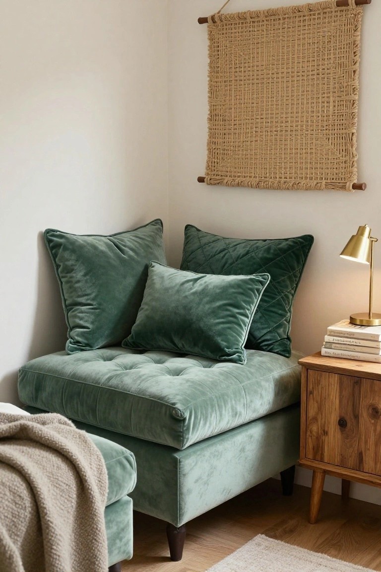 Green velvet tufted corner chair with matching pillows and ottoman, beside a wooden side table holding a gold lamp and stacked books, below a woven wall hanging in a white-walled room.