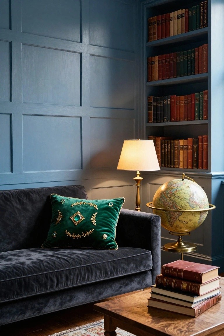 Blue paneled library room with black velvet sofa topped by large green embroidered velvet cushion, brass lamp, globe, bookshelves, and stack of leather books on wooden coffee table.