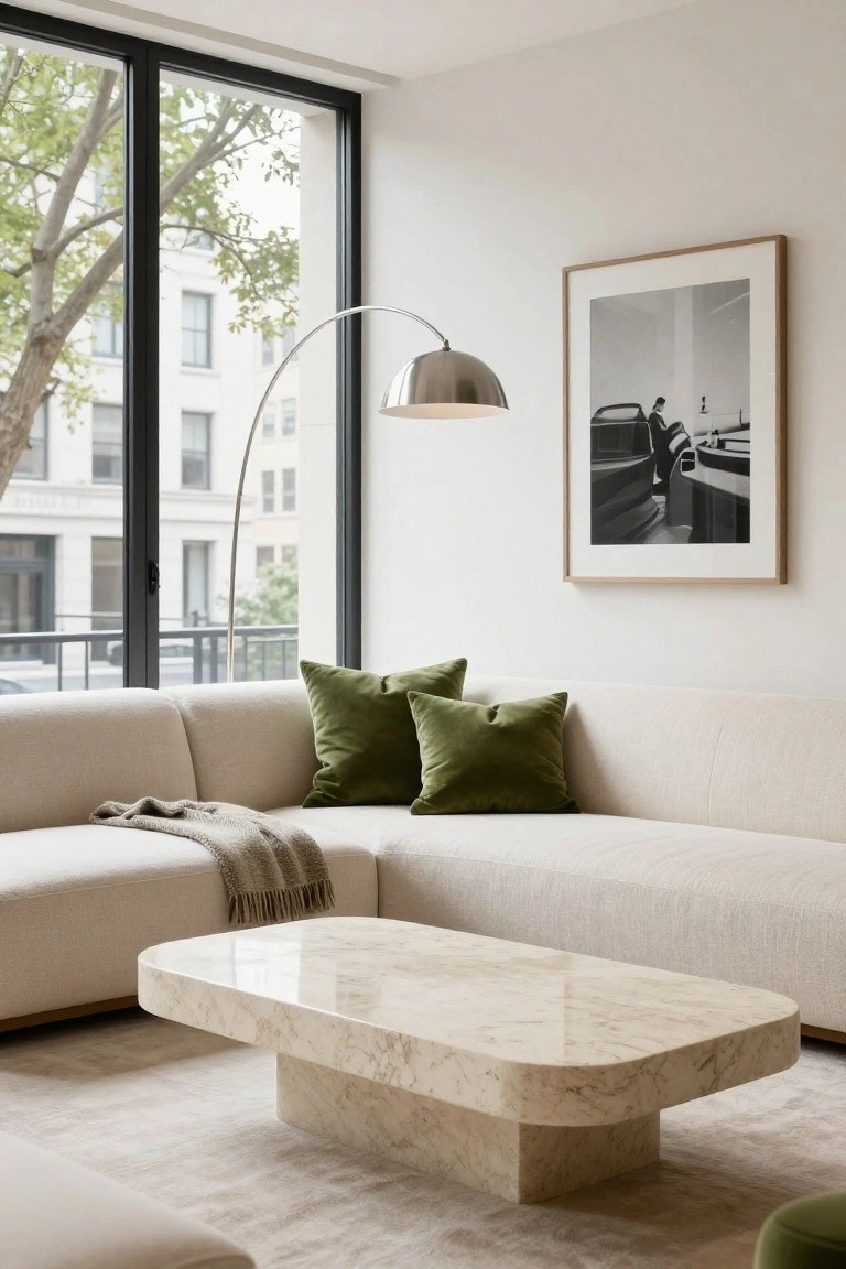 Modern living room featuring a cream L-shaped sofa with green velvet pillows, a rectangular marble coffee table, an arc floor lamp with silver shade, and large black-framed windows overlooking trees and buildings.