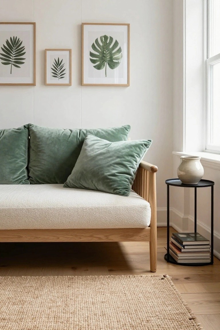 A wooden daybed with cream bouclé upholstery and several large green velvet cushions, positioned by a window in a white room with three framed leaf prints on the wall, a black metal side table holding books and a beige vase, and a seagrass rug on oak floors.