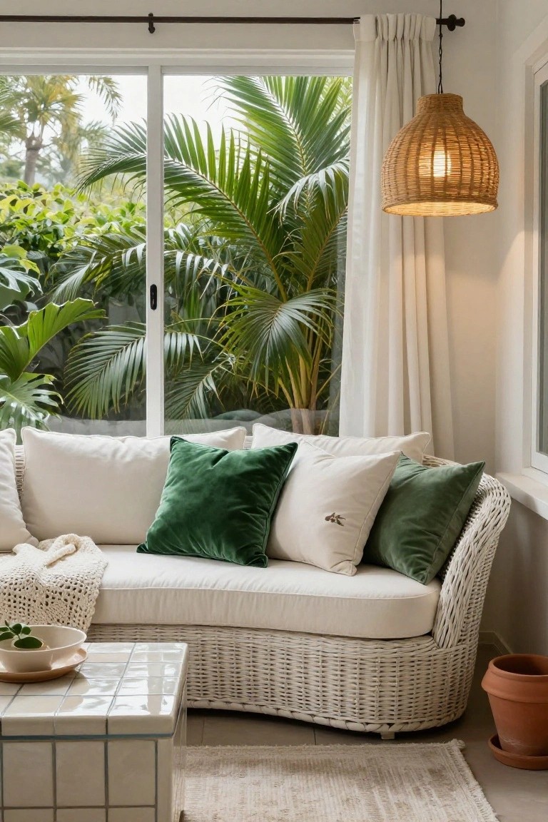 Curved white wicker sofa with green velvet cushions, white pillows, knitted throw, and a tiled coffee table in a bright room with large windows showing tropical plants outside.
